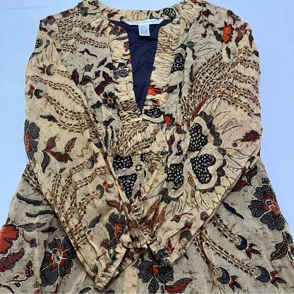 Diane Von Furstenberg Silk Brown Sheer Sleeves Knee Length Floral Dress Size 4 - Picture 8 of 13